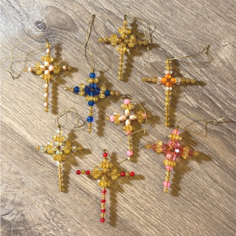 Set of 7 Vintage Handmade Beautiful Beaded Cross Christmas Tree Ornaments